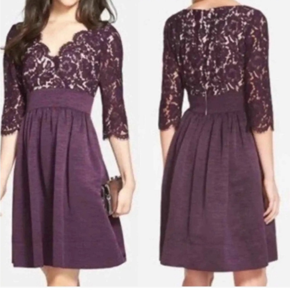 Eliza J Floral Lace Faux Wrap Bodice 3/4 Sleeve A-line Dress Sz. 10